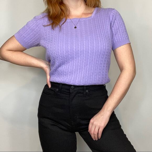 Vintage Medium Pastel Lilac Purple Square Neck Cable Knit Sweater Tee Shirt - Picture 3 of 11